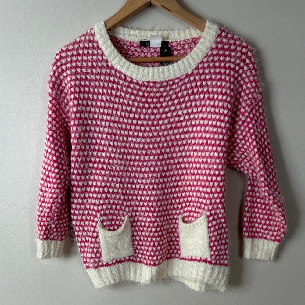 Cozy Pink and Cream Women's Crew Neck Sweater